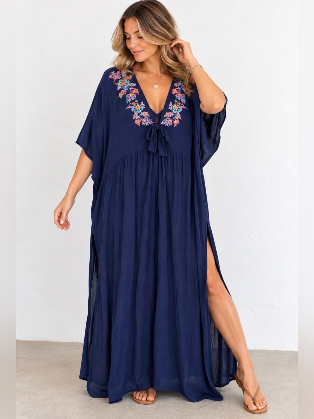 33 Johnny Was California 1X Navy Embroidered Floral Maxi Kaftan Dress